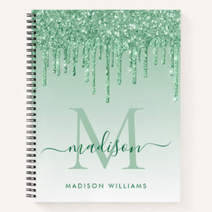 Mint Green Drips Glitter Sparkle Monogram Script Notitieboek