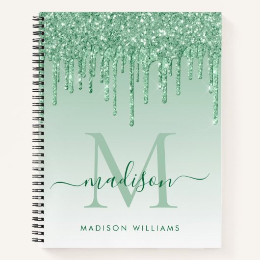 Mint Green Drips Glitter Sparkle Monogram Script Notitieboek (Voorkant)