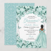 Mint Green Elegant Floral Quinceanera Kaart (Voorkant / Achterkant)