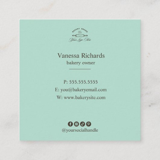  Mint Green Elegant Gestreepte Bakkerij Logo Vierkante Visitekaartje (Achterkant)
