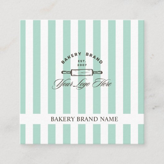  Mint Green Elegant Gestreepte Bakkerij Logo Vierkante Visitekaartje (Voorkant)