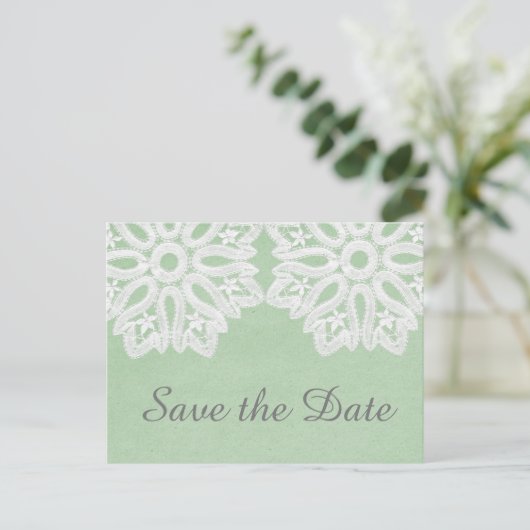 Mint Green Elegant Lace Save the Date Briefkaart (Staand voorkant)