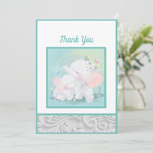 Mint Green Elephant Boy Girl Baby shower Bedankkaart (Staand voorkant)