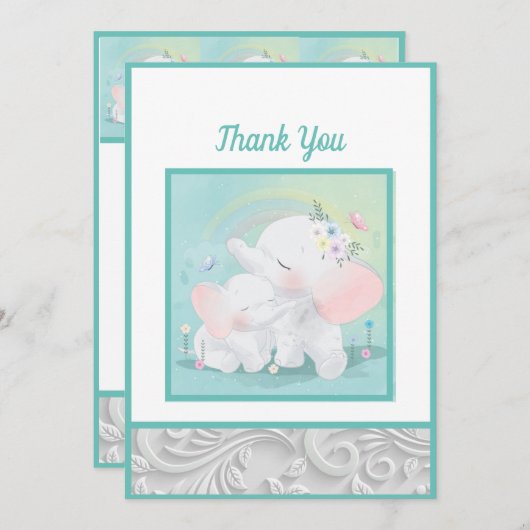 Mint Green Elephant Boy Girl Baby shower Bedankkaart (Voorkant / Achterkant)