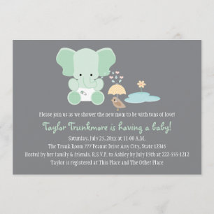 Mint Green Elephant Little Bird Baby shower Kaart