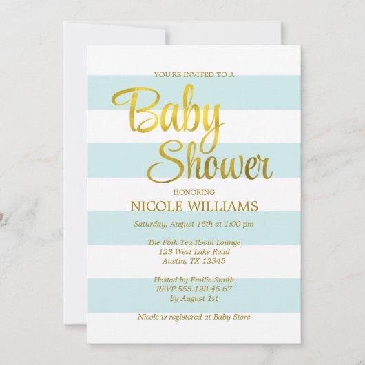 Mint Green en Faux Gold Stripes Baby shower Kaart (Voorkant)