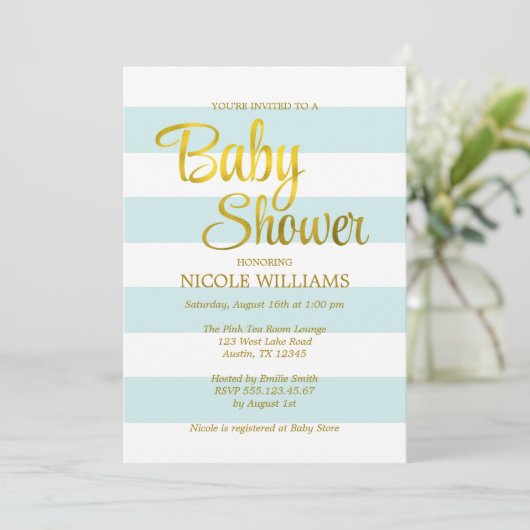 Mint Green en Faux Gold Stripes Baby shower Kaart (Staand voorkant)