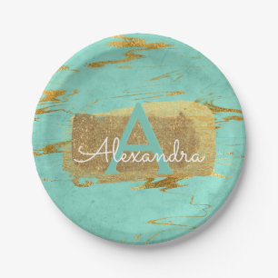 Mint Green en Gold Foil Elegant Marble Birthday Papieren Bordje