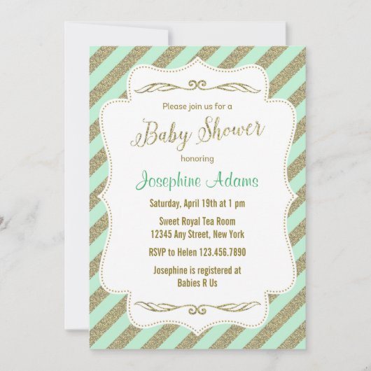 Mint Green en Gold Glitter Baby shower Invitation Kaart (Voorkant)