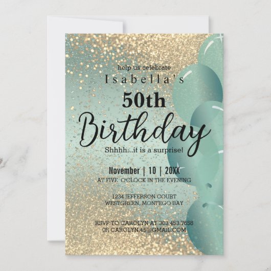 Mint Green en Gold Glitter Birthday Invitation Kaart (Voorkant)