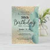 Mint Green en Gold Glitter Birthday Invitation Kaart (Staand voorkant)