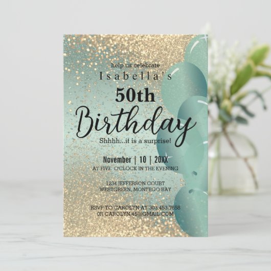 Mint Green en Gold Glitter Birthday Invitation Kaart (Staand voorkant)