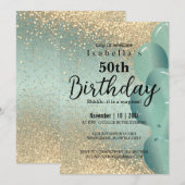 Mint Green en Gold Glitter Birthday Invitation Kaart (Voorkant / Achterkant)