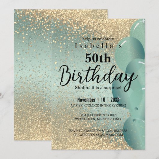 Mint Green en Gold Glitter Birthday Invitation Kaart (Voorkant / Achterkant)