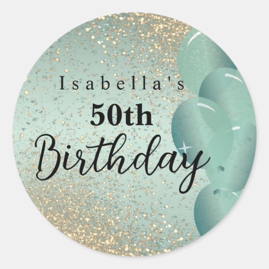 Mint Green en Gold Glitter Birthday Ronde Sticker (Voorkant)