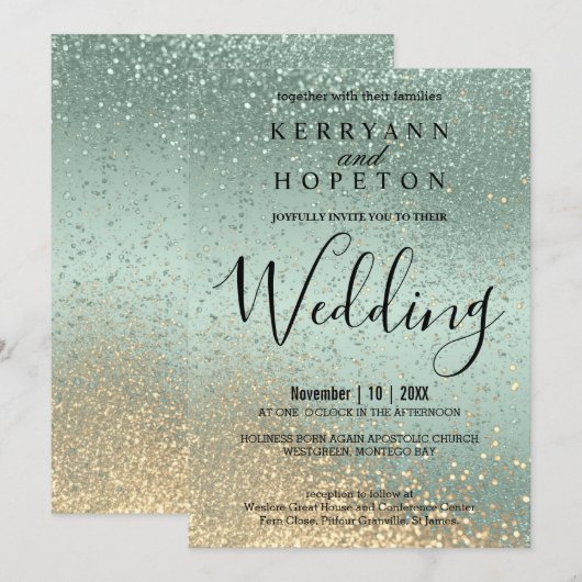 Mint Green en Gold Glitter Invitation Kaart (Voorkant / Achterkant)