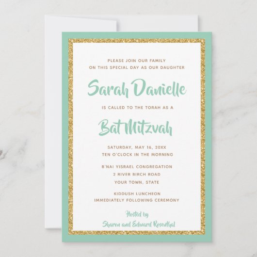 Mint Green en Gold Glitter Rectangle Bat Mitzvah Kaart (Voorkant)