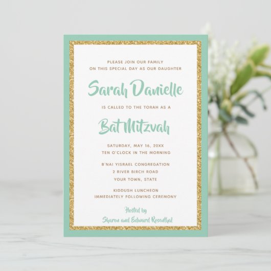 Mint Green en Gold Glitter Rectangle Bat Mitzvah Kaart (Staand voorkant)