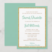Mint Green en Gold Glitter Rectangle Bat Mitzvah Kaart (Voorkant / Achterkant)