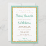 Mint Green en Gold Glitter Rectangle Bat Mitzvah Kaart<br><div class="desc">Deze trendy uitnodiging Bat Mitzvah kenmerkt mousserende faux glitter gelaagd tegen een stevige kleurenachtergrond. Gebruik het formulier sjabloon om je eigen gegevens toe te voegen. De functie "Aanpassen" kan worden gebruikt om de lettertypestijl,  -kleur en -indeling te wijzigen.</div>