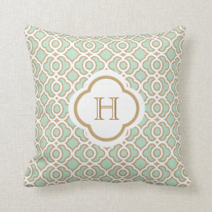 Mint Green en Gold Moroccan Monogram Kussen