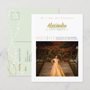 Mint Green en Gold Photo Quinceanera Uitnodiging Briefkaart