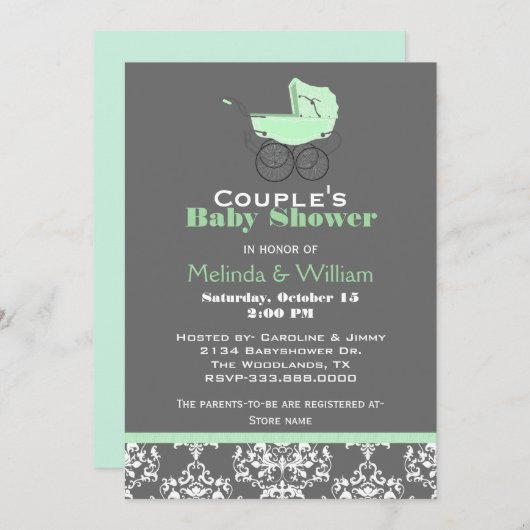 Mint Green en Grey Baby shower Invitation Kaart (Voorkant / Achterkant)
