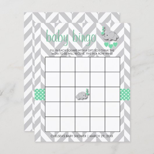 Mint Green en Grey Elephant Baby shower Bingo (Voorkant / Achterkant)