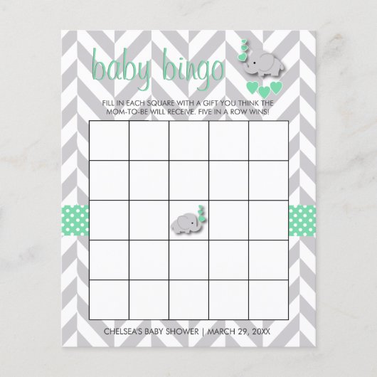 Mint Green en Grey Elephant Baby shower Bingo (Voorkant)