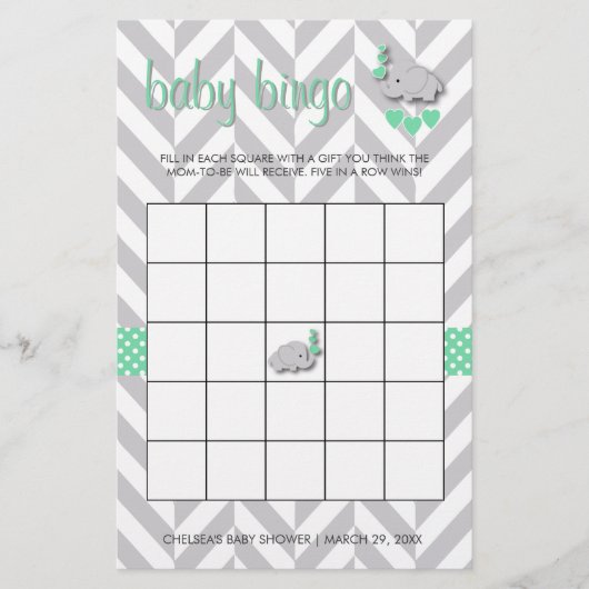 Mint Green en Grey Elephant Baby shower Bingo Briefpapier (Voorkant)