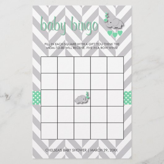 Mint Green en Grey Elephant Baby shower Bingo Briefpapier (Achterkant)