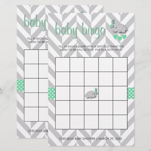 Mint Green en Grey Elephant Baby shower Bingo Briefpapier (Voorkant / Achterkant)