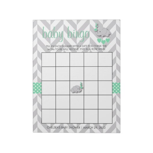 Mint Green en Grey Elephant Baby shower Bingo Notitieblok (Linkerzijde)