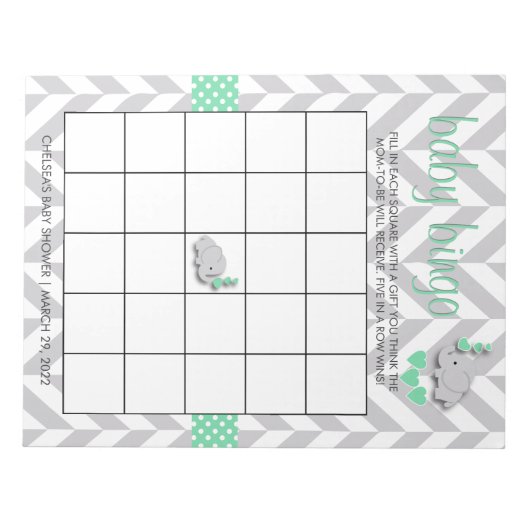 Mint Green en Grey Elephant Baby shower Bingo Notitieblok (Voorkant)