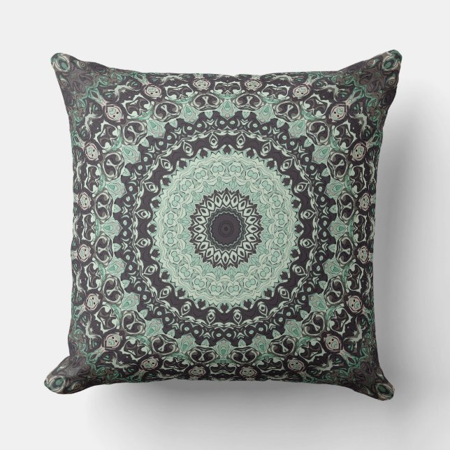 Mint Green en houtskool Mandala Patroon Kussen (Voorkant)