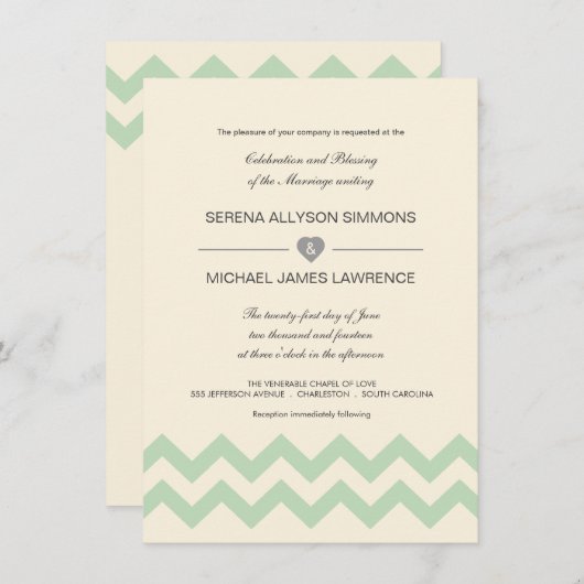 Mint Green en Ivory Chevron Wedding Invitations Kaart (Voorkant / Achterkant)