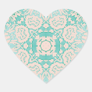 Mint Green en Ivory Embossed Damask Patroon Hart Sticker
