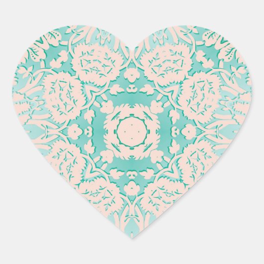 Mint Green en Ivory Embossed Damask Patroon Hart Sticker (Voorkant)