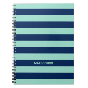 Mint Green en Navy Blue Stripes met naam Notitieboek