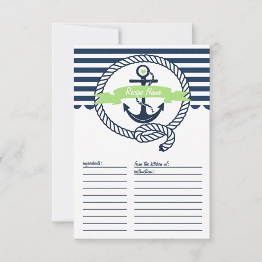 Mint Green en Navy Nautical Stripes Recipe Kaart (Voorkant)