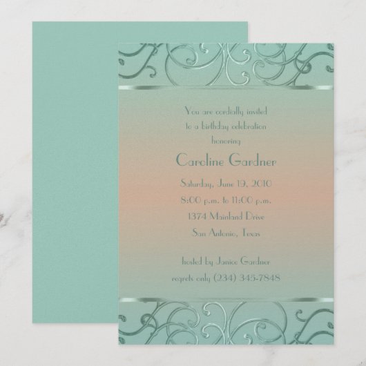 Mint Green en Peach Filigree Border Birthday Kaart (Voorkant / Achterkant)
