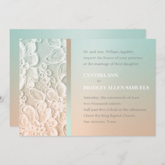 Mint Green en Peach Lace Wedding Kaart (Voorkant / Achterkant)