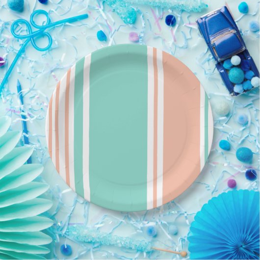 Mint Green en Peach Modern Stripes Papieren Bordje (Feest)
