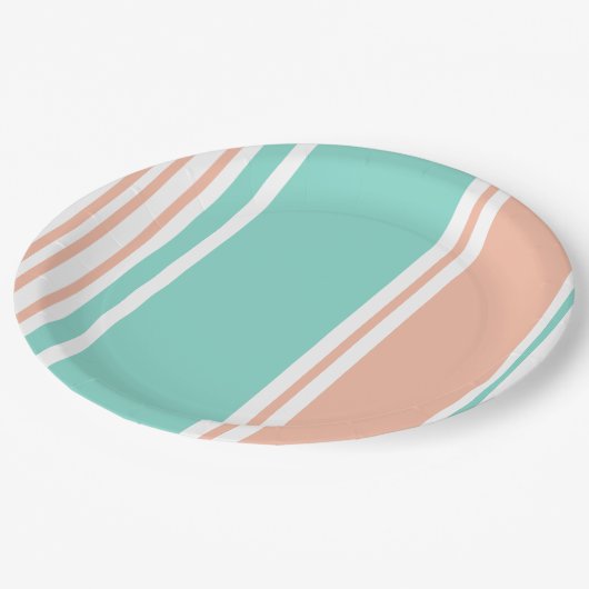Mint Green en Peach Modern Stripes Papieren Bordje (Gekanteld)