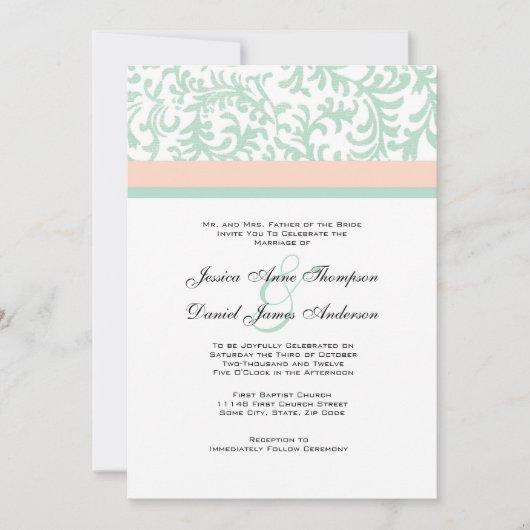 Mint Green en Peach Pink Wedding Invitation Kaart (Voorkant)
