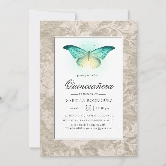 Mint Green en Pearl Damask Quinceañera Kaart (Voorkant)