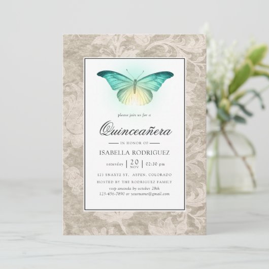 Mint Green en Pearl Damask Quinceañera Kaart (Staand voorkant)