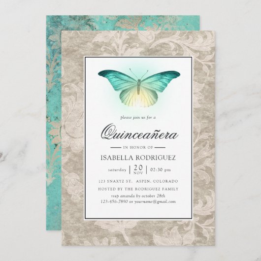Mint Green en Pearl Damask Quinceañera Kaart (Voorkant / Achterkant)