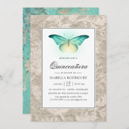 Mint Green en Pearl Damask Quinceañera Kaart