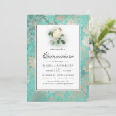 Mint Green en Pearl Floral Damask Quinceañera Kaart (Staand voorkant)
